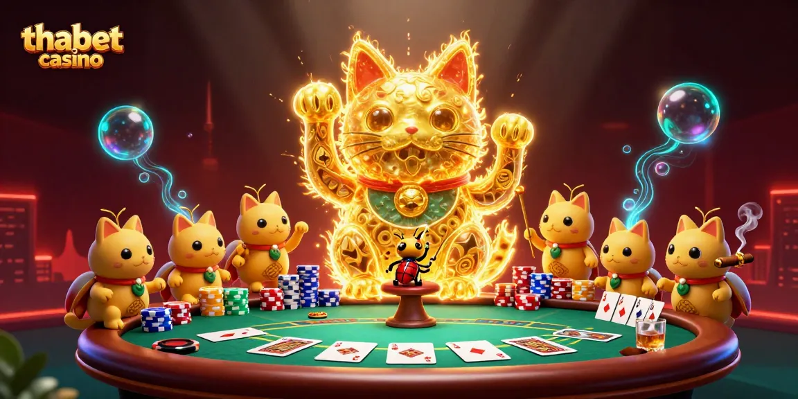 Engage with thabet casino visuals featuring a golden lucky cat and poker games in a vibrant illustration.