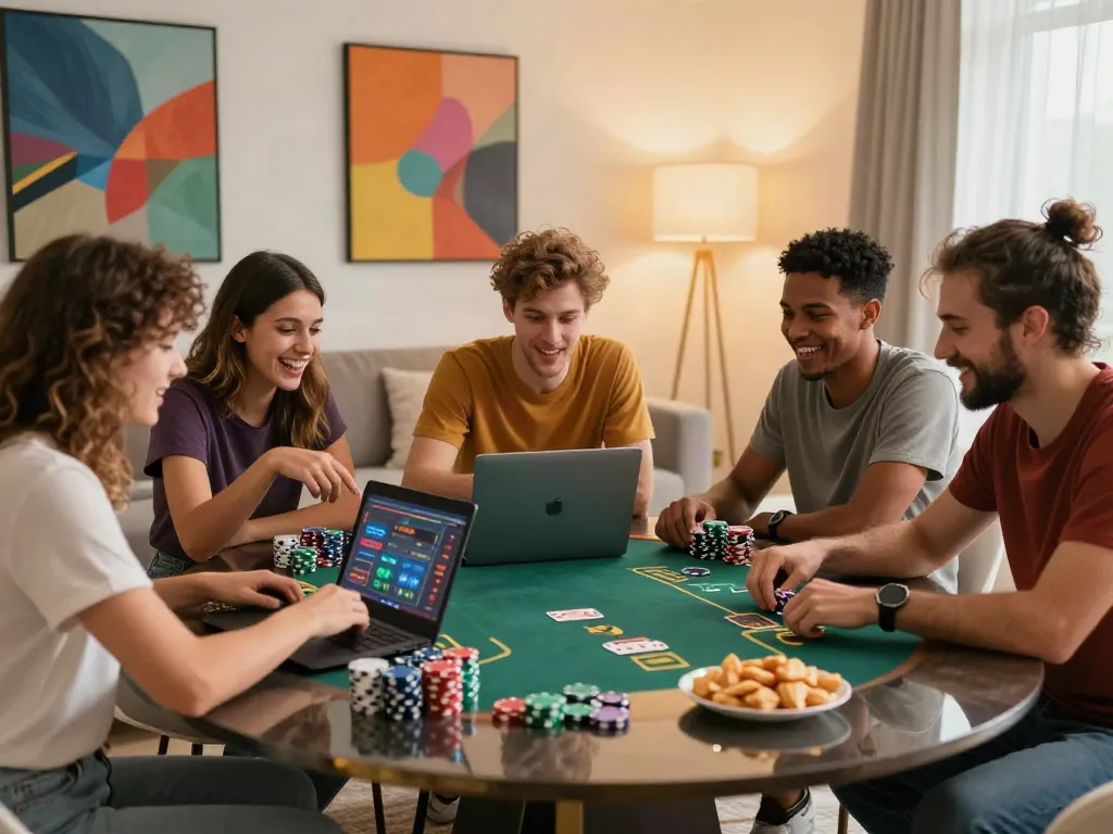 Friends enjoying online casinos not on gamstop playing poker together.