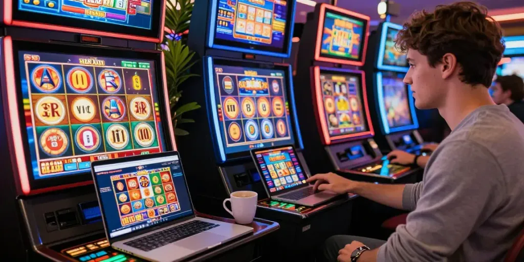 Exciting online casinos not on gamstop scene with a player enjoying slot games on a laptop.