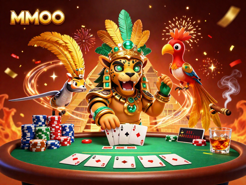 Engage with MMOO's thrilling casino atmosphere featuring a Mayan priest and vibrant poker elements.