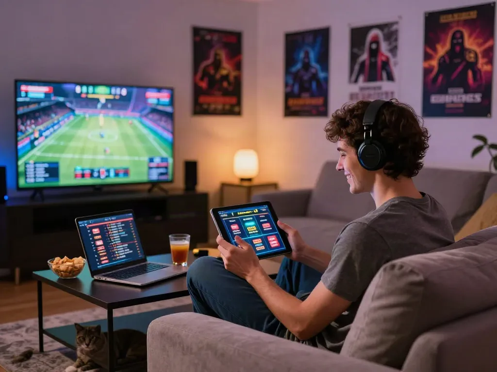 Enjoying online casinos not on GamStop in a cozy home setting with gaming elements.