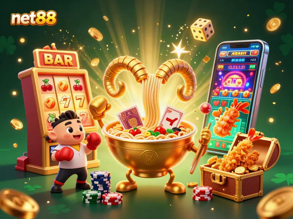 Experience thrilling gameplay with net88's vibrant casino scene featuring animated characters dealing cards and stacking chips.