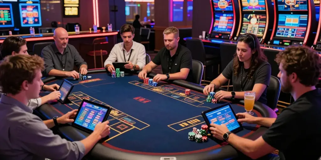 Exciting scene of players at online casinos not on GamStop, engaging with live dealer games in a vibrant atmosphere.