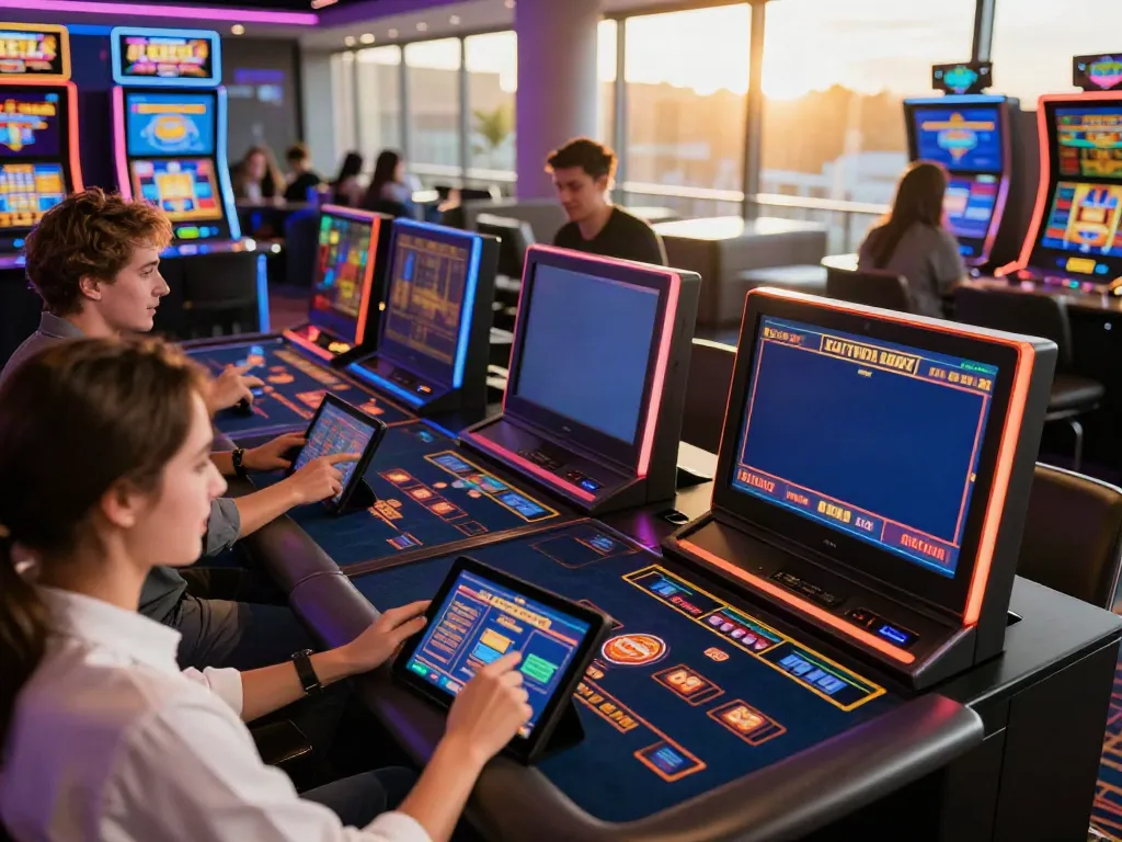 Engaged players in a bright online casino scene, showcasing games not on GamStop.