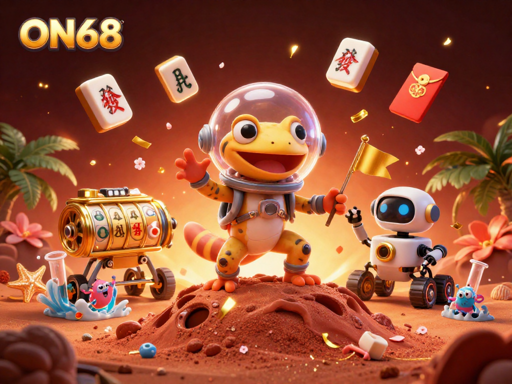 Experience ON68's thrilling gaming atmosphere with a Martian gecko unearthing a golden casino.