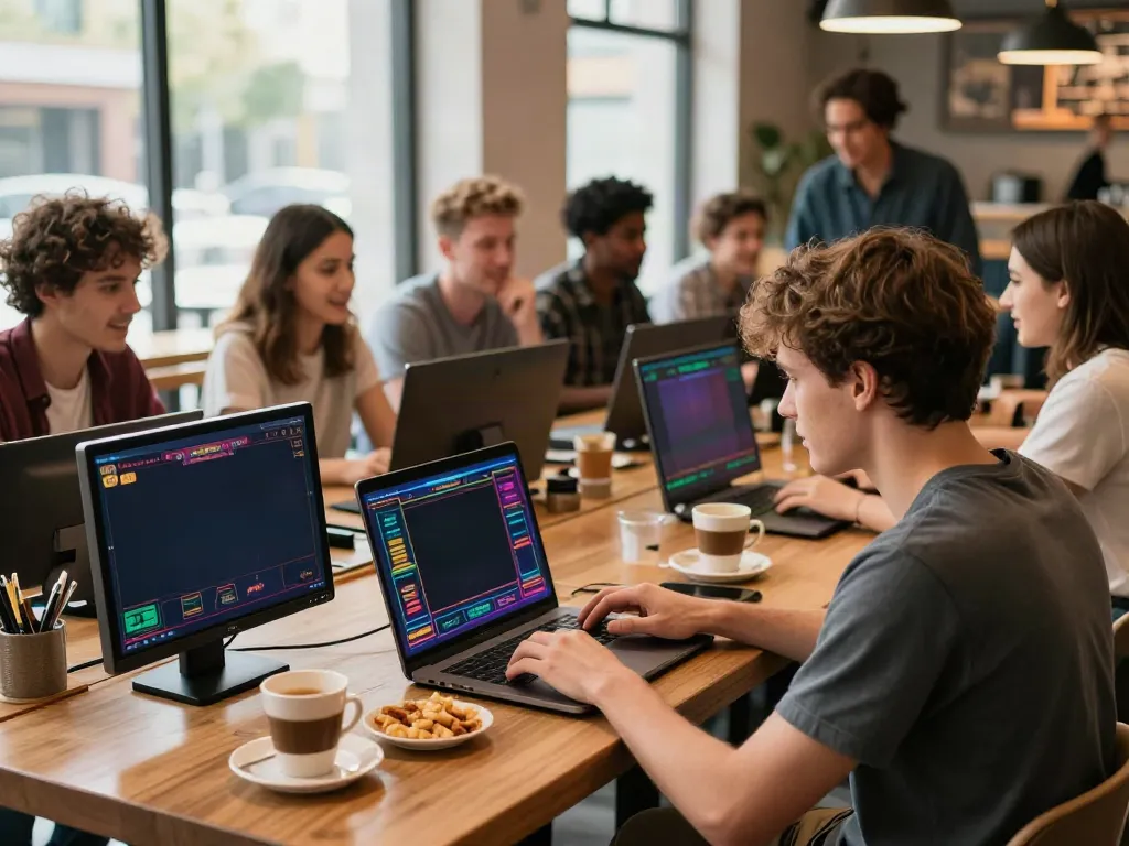 Young adult enjoying online casinos not on gamstop in a lively coffee shop.