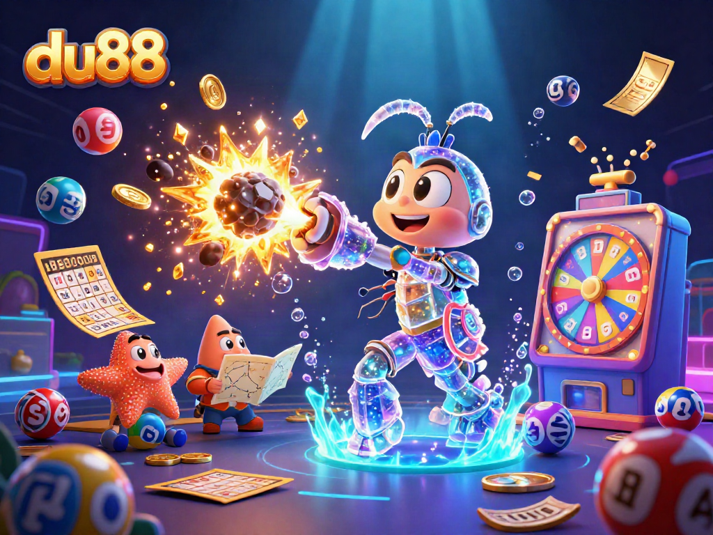 Experience du88’s vibrant gambling scene with colorful lottery elements and animated characters.