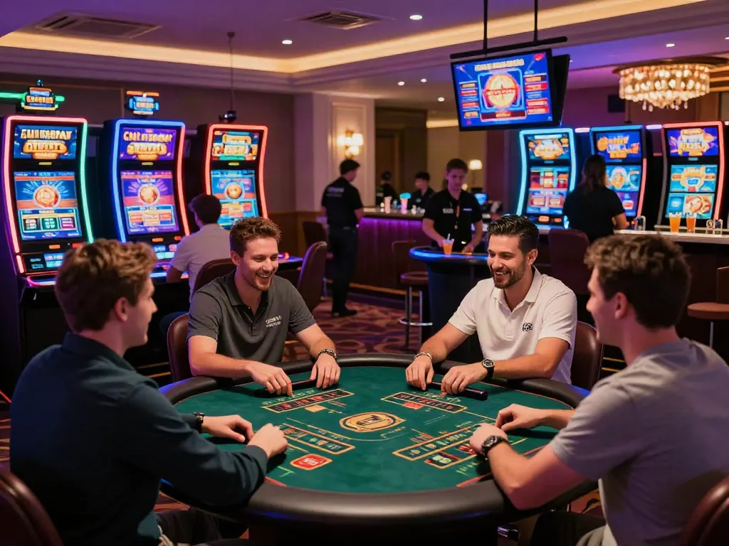 Engaging scene of players at online casinos not on GamStop enjoying games in a vibrant atmosphere.