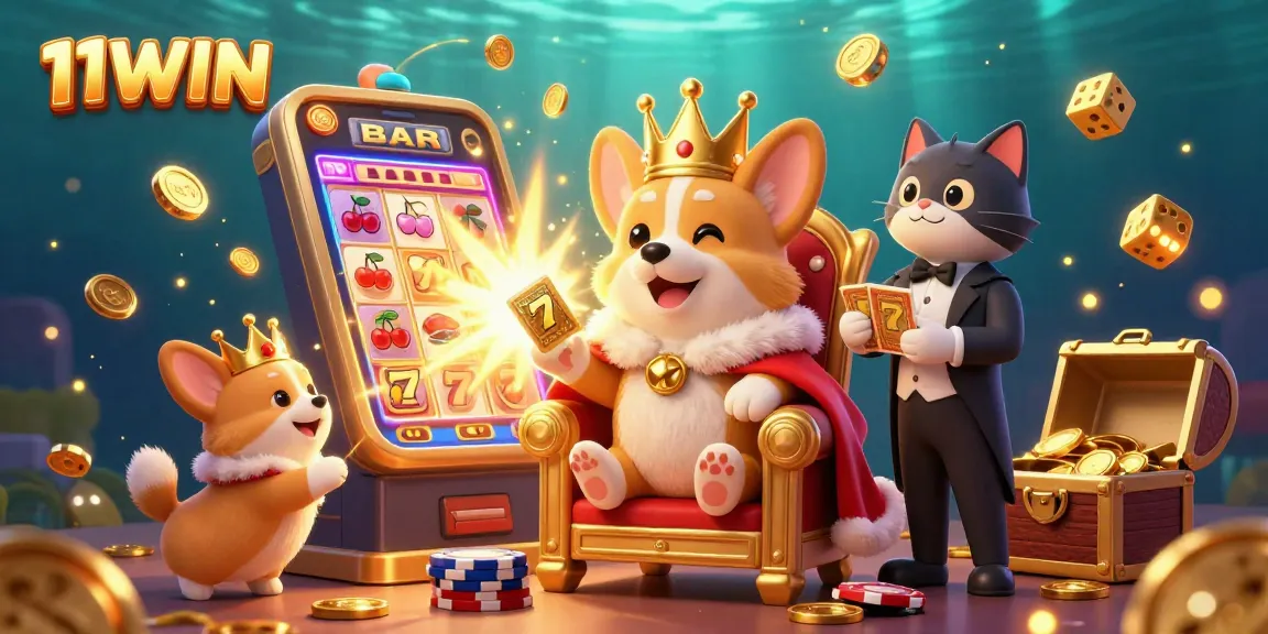 Experience the excitement of 11WIN with a royal corgi and dynamic casino action.