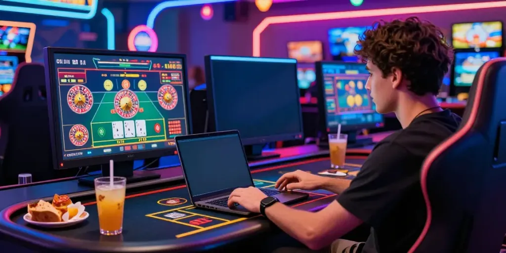 Engaged player at online casinos not on gamstop enjoying vibrant gaming atmosphere.