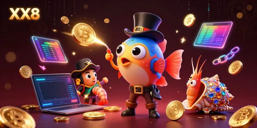 Engage in winning strategies with XX8 as the deep-sea anglerfish attracts glowing coins in a vibrant 3D casino world.