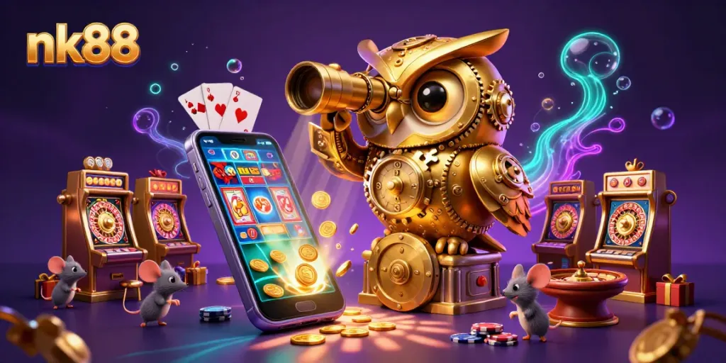 Join the excitement at nk88 as cartoon characters celebrate winning at a vibrant casino.