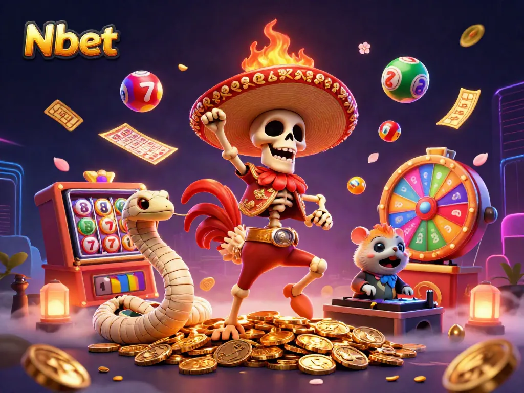 Nbet players experience thrilling wins with a lively casino scene featuring colorful elements, games, and vibrant characters.