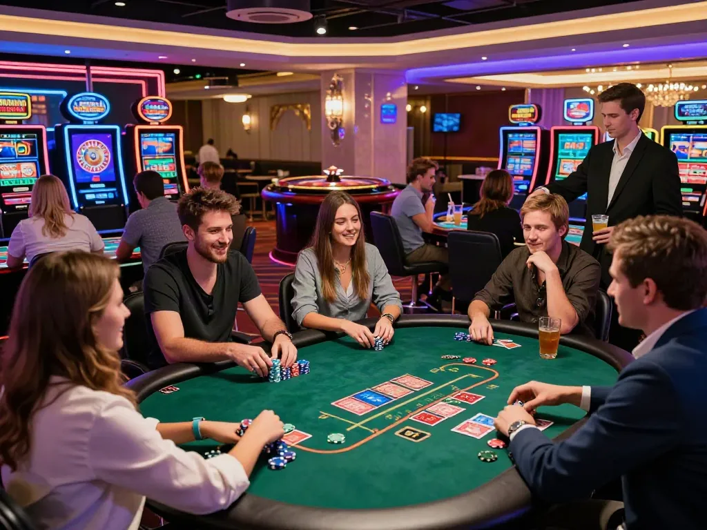 Experience the excitement of online casinos not on GamStop with diverse players enjoying games and vibrant atmosphere.