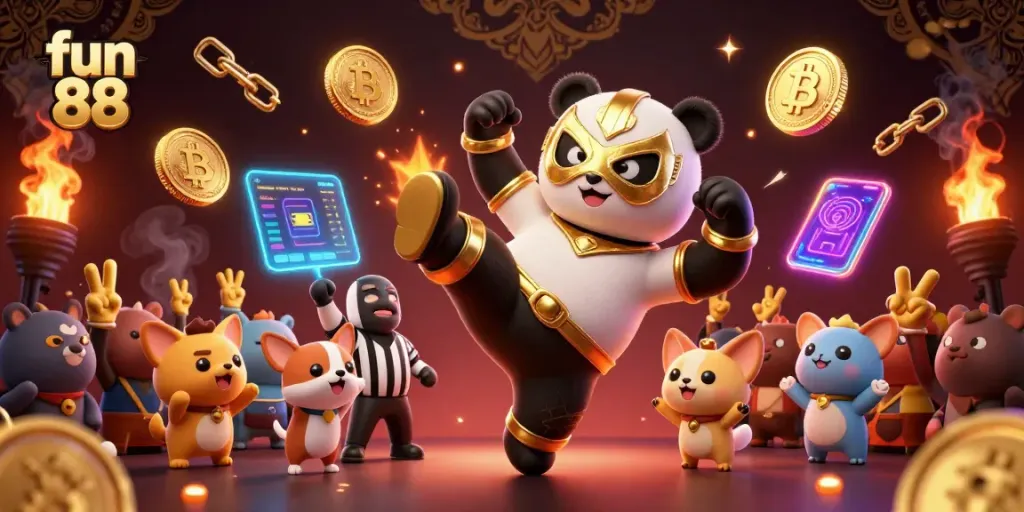 Experience fun 88 action with a panda wrestler's flying kick in a vibrant casino scene.