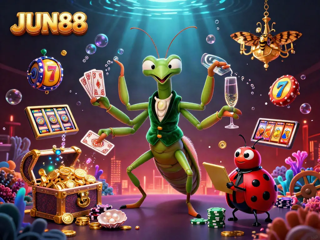 Experience the thrill of JUN88 with a vibrant 3D casino scene featuring playful characters and exciting game elements.