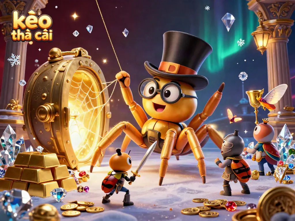 Engage with kèo nhà cái events through the enchanting imagery of a golden tarantula weaving opportunities amidst treasures.