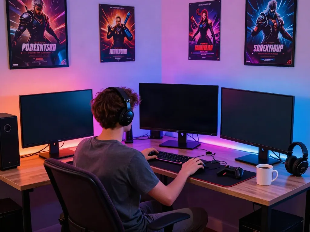 Engaged gamer exploring online casinos not on GamStop in a vibrant home office setting.