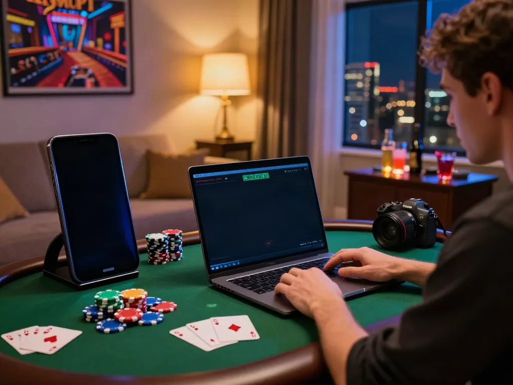 Engaging scene of a player enjoying online casinos not on gamstop in a cozy room filled with gaming essentials.