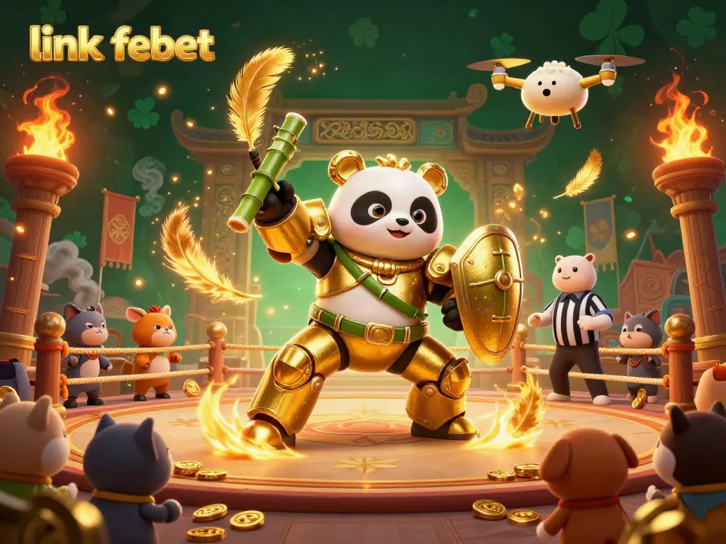Experience dynamic excitement at link febet's vibrant arena featuring golden panda piloting a fighting robot amidst cheering spectators.
