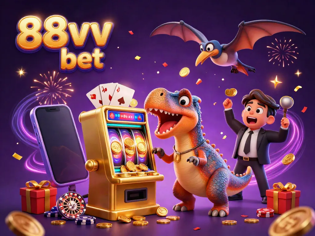 Celebrate big wins with 88vv bet as a dinosaur interacts with a golden slot machine, showered in coins.