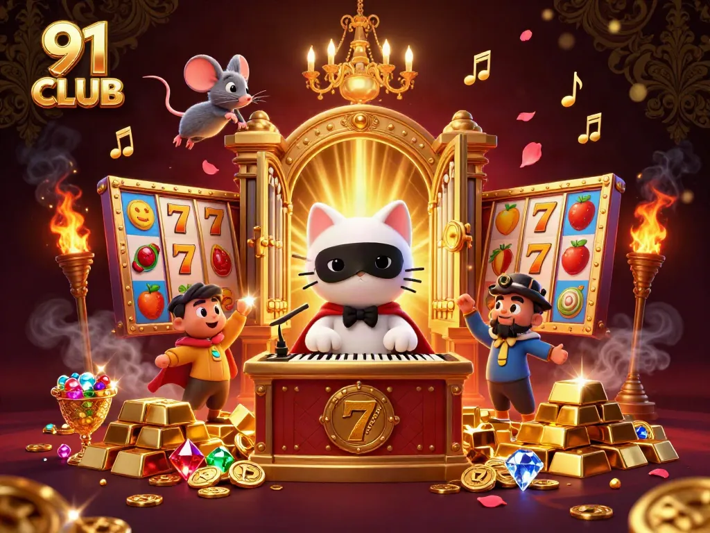 Engage in exciting gameplay with 91 CLUB's vibrant slots and casino elements, featuring captivating characters and treasures.