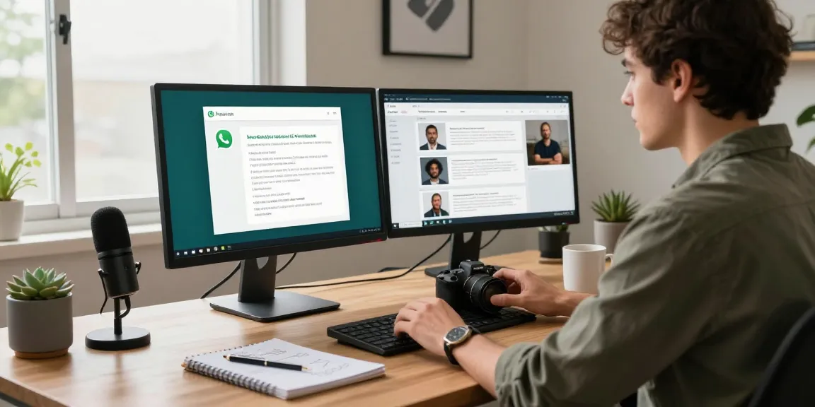 Professional engaging with WhatsApp電腦版 on a sleek desktop in a modern home office, showcasing productivity and technology.