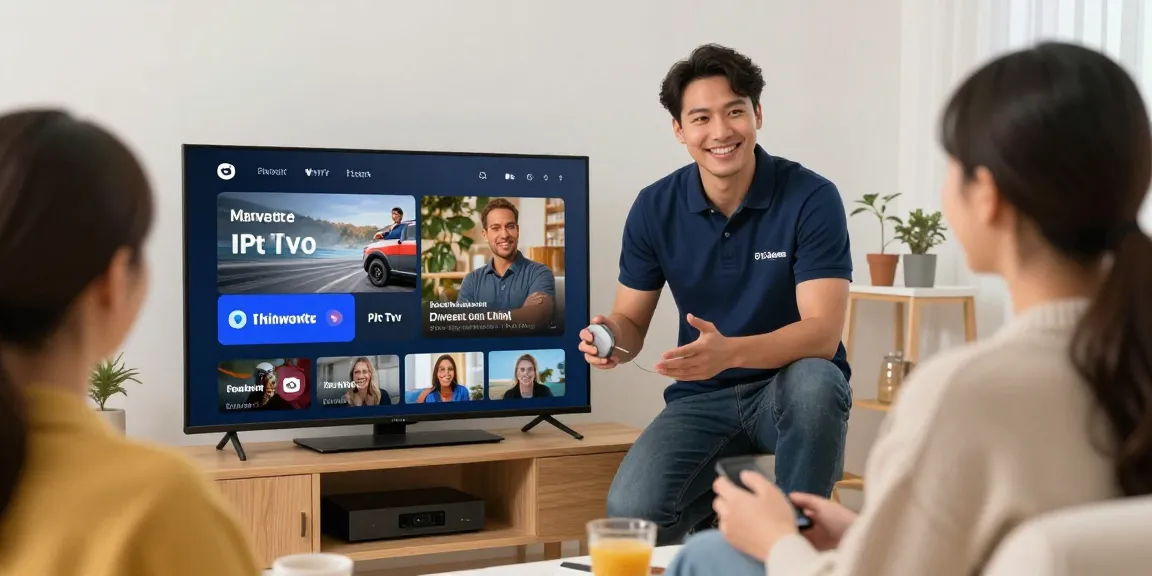 Trusted smart IPTV provider demonstrating setup to local homeowner, professional service delivery in friendly atmosphere.