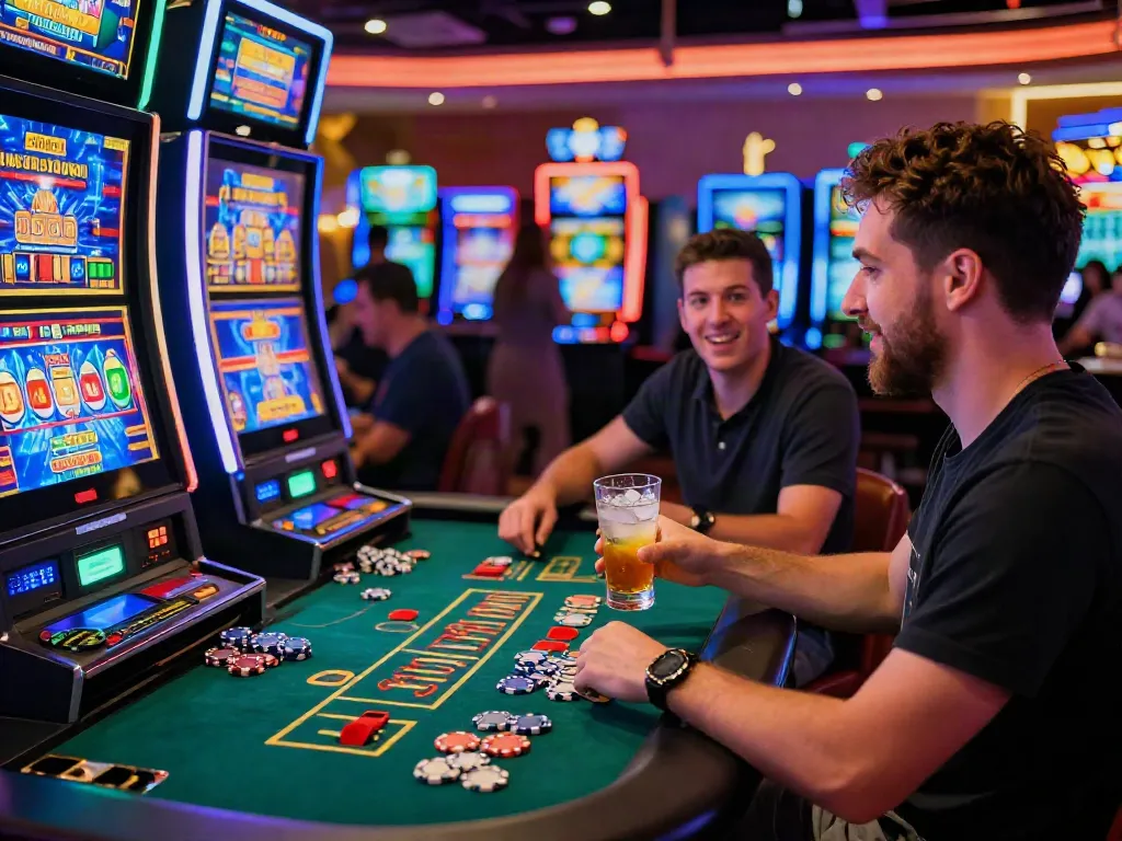Player enjoying games at online casinos not on gamstop, surrounded by vibrant slot machines and casino atmosphere.