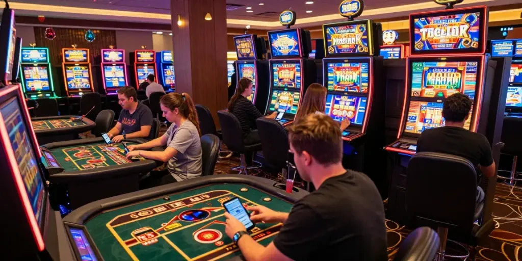 Exciting scene of players enjoying online casinos not on GamStop with colorful games and vibrant atmosphere.