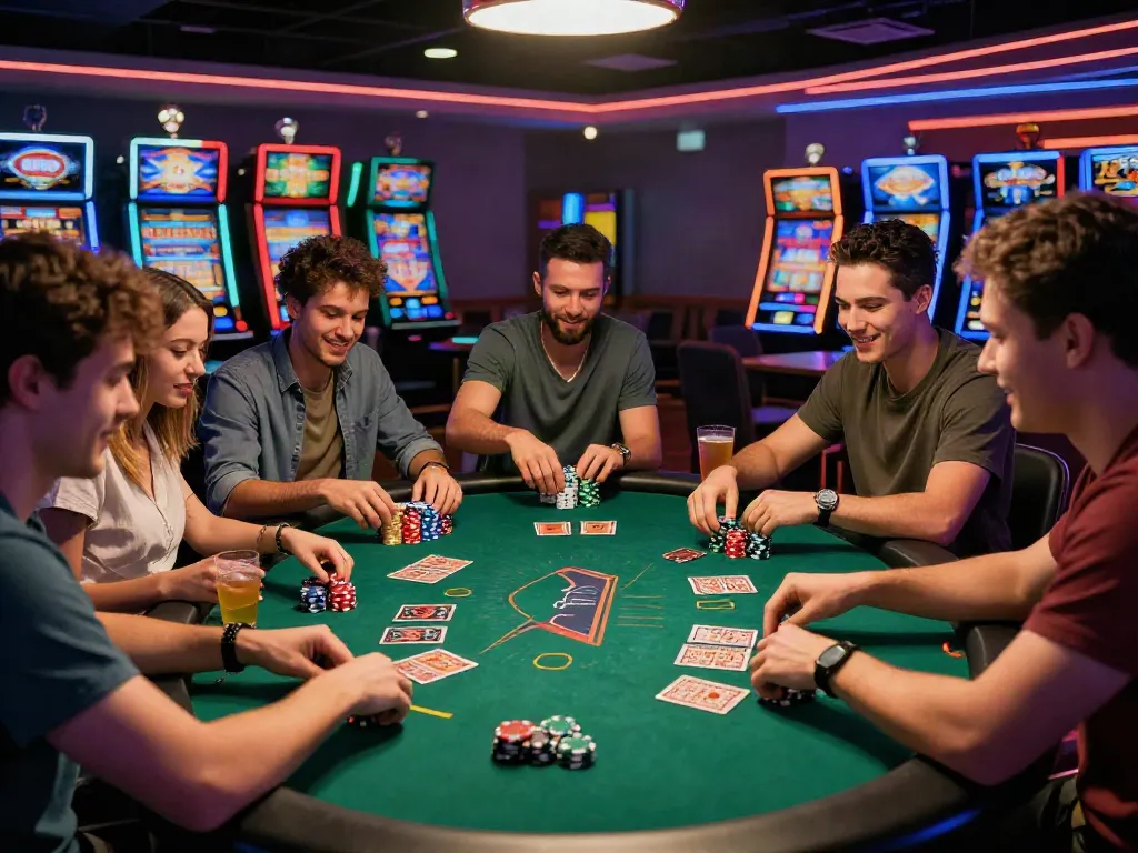 Friends enjoying card games at an online casino not on gamstop, showcasing vibrant gaming atmosphere.