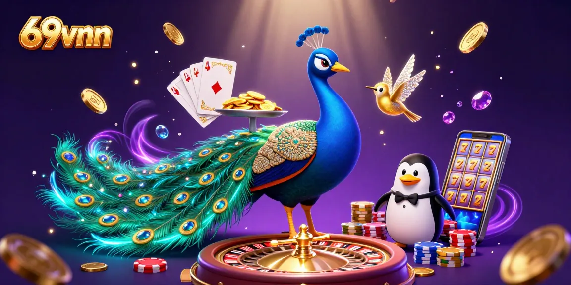 Spin the reels and win with 69vnn's vibrant casino adventure featuring colorful peacock, penguin butler.