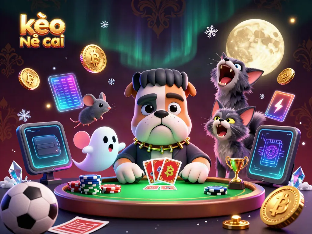 Engage with kèo nhà cái while witnessing a cartoon bulldog dealer and a werewolf kitten at a spooky betting table.