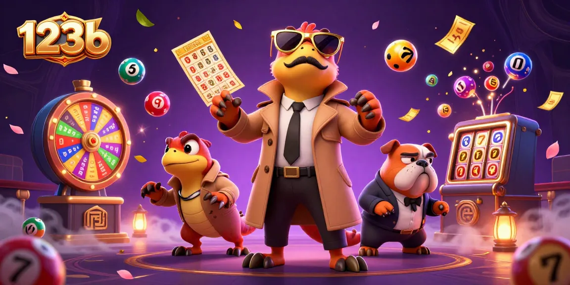 123b gaming scene with raptors and bouncer, lottery elements, slot machine items