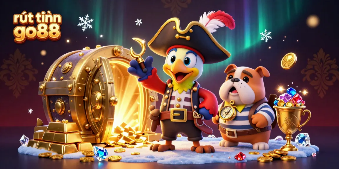 Execute rút tiền go88 transactions amidst a rich 3D treasure scene filled with gold and gems.