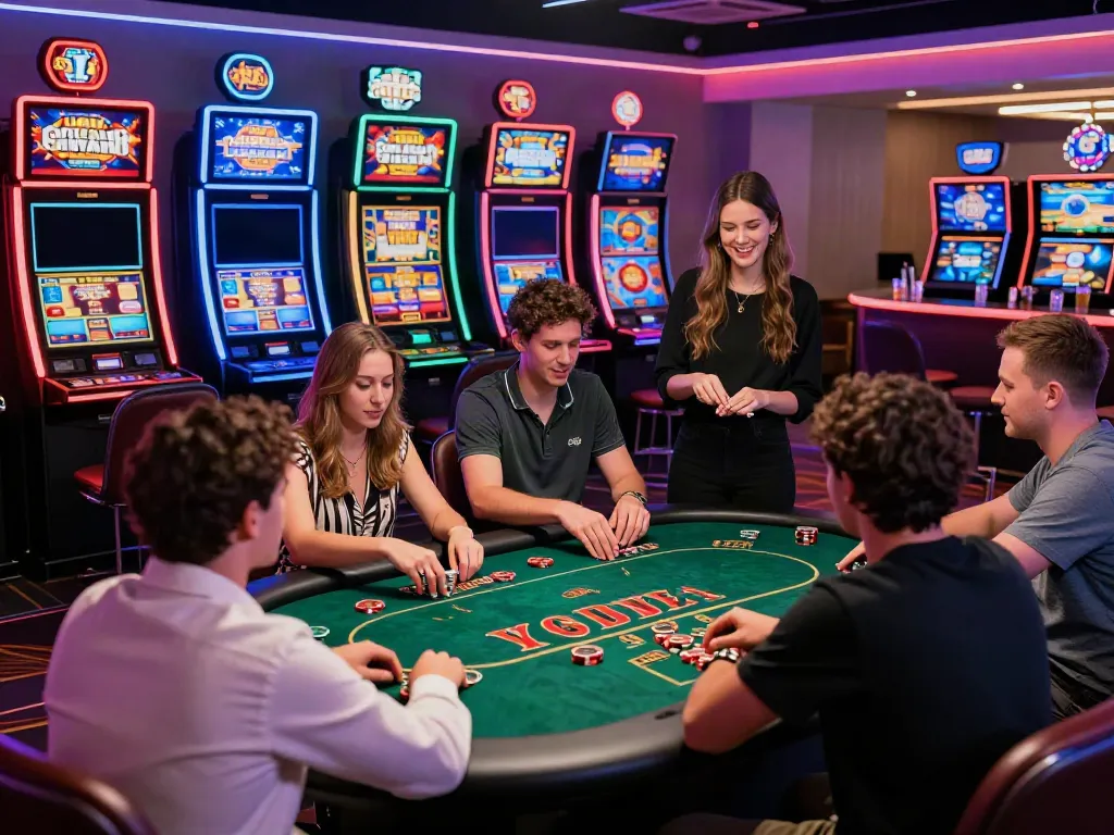 Exciting atmosphere of online casinos not on GamStop with diverse players at gaming tables and slot machines.
