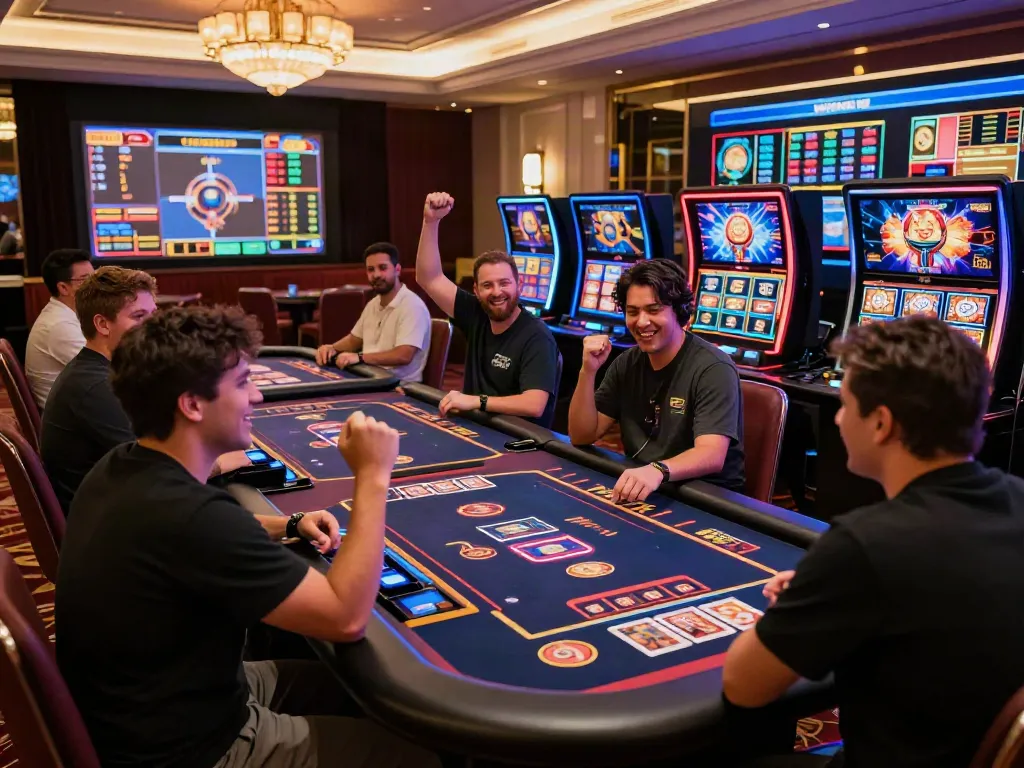 Exciting scene featuring players at online casinos not on GamStop celebrating wins and engaging in games.
