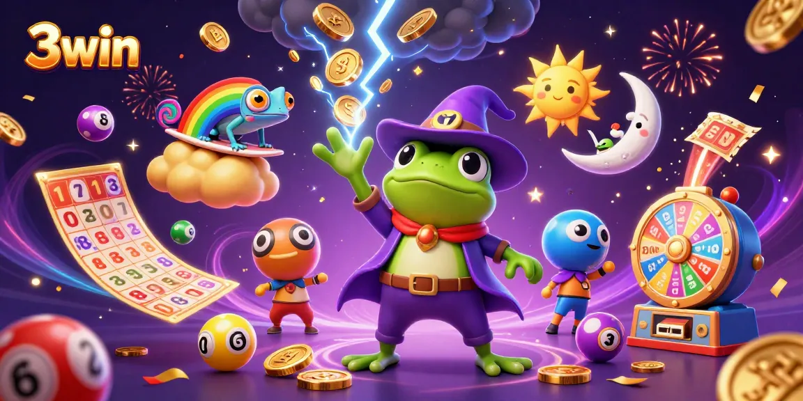 3win offers a vibrant online gaming experience with colorful elements like lottery balls and golden coins raining down.