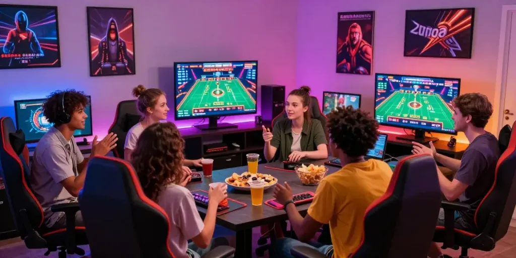 Group of friends excitedly exploring online casinos not on GamStop in a cozy gaming room.