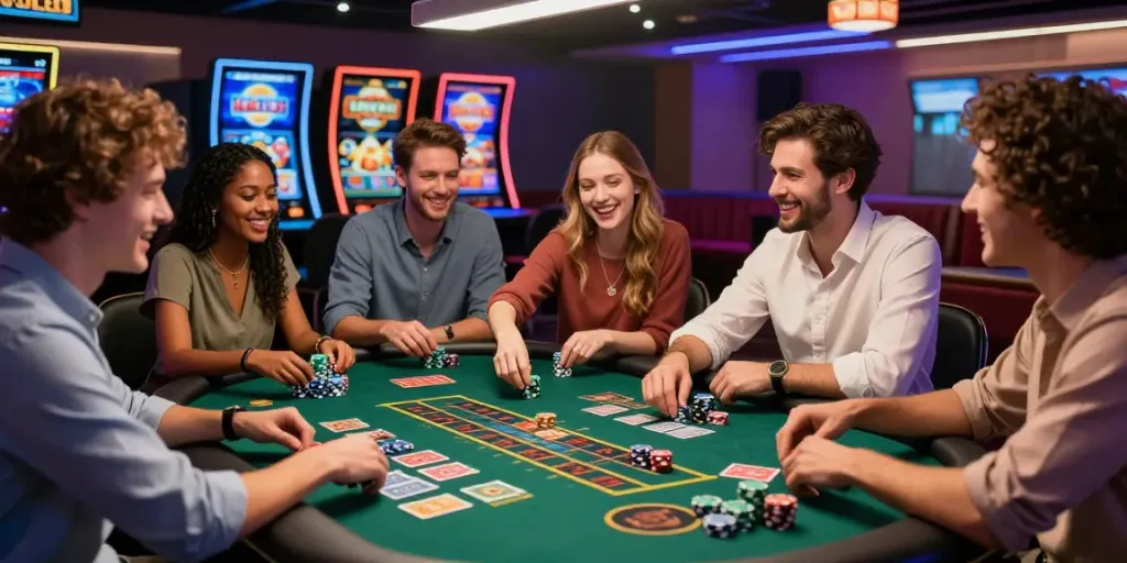 Engaging friends enjoying games at online casinos not on GamStop in a vibrant atmosphere.