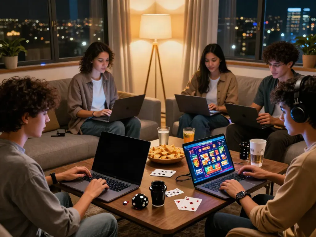 Exciting gathering of friends gaming on laptops in a stylish living room, featuring online casinos not on GamStop.