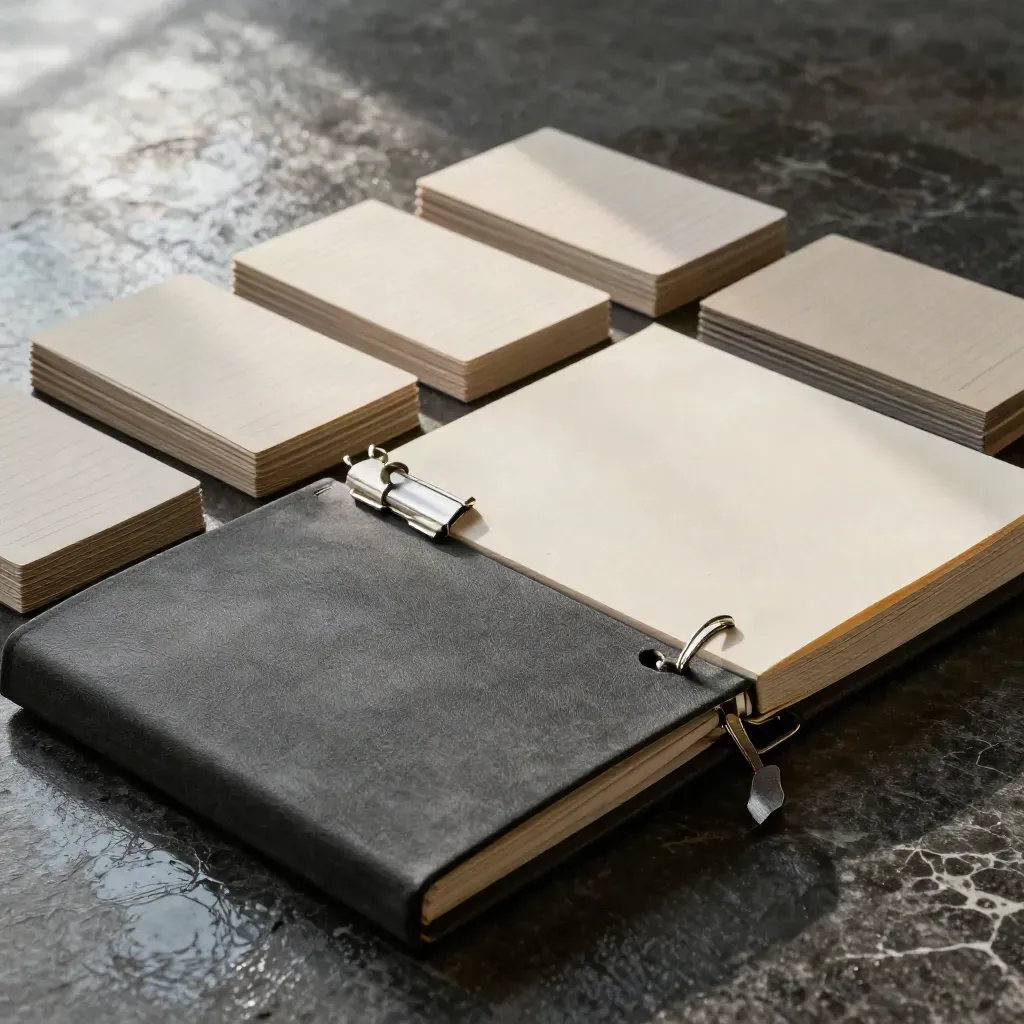 Ops binder, alignment cards and metal clips on wet stone under soft directional light.