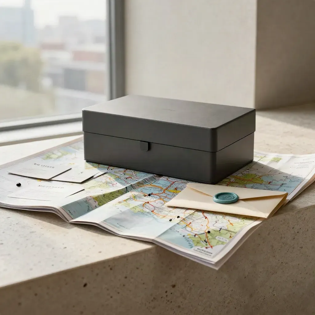 Matte portfolio box with maps, buyer cards and envelope on a stone ledge in a bright atrium.
