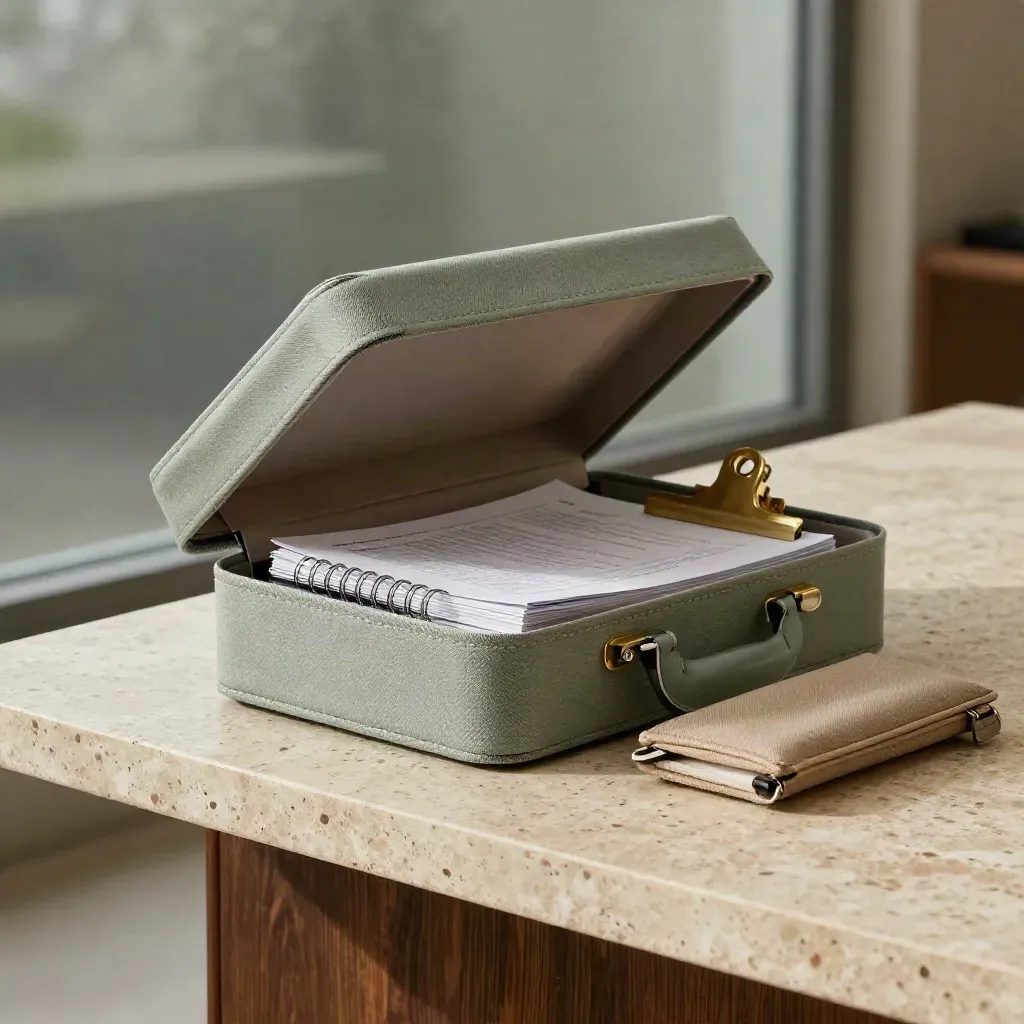 Linen workshop pack, workbook, worksheet stack and brass clip on a rain-darkened travertine plinth.