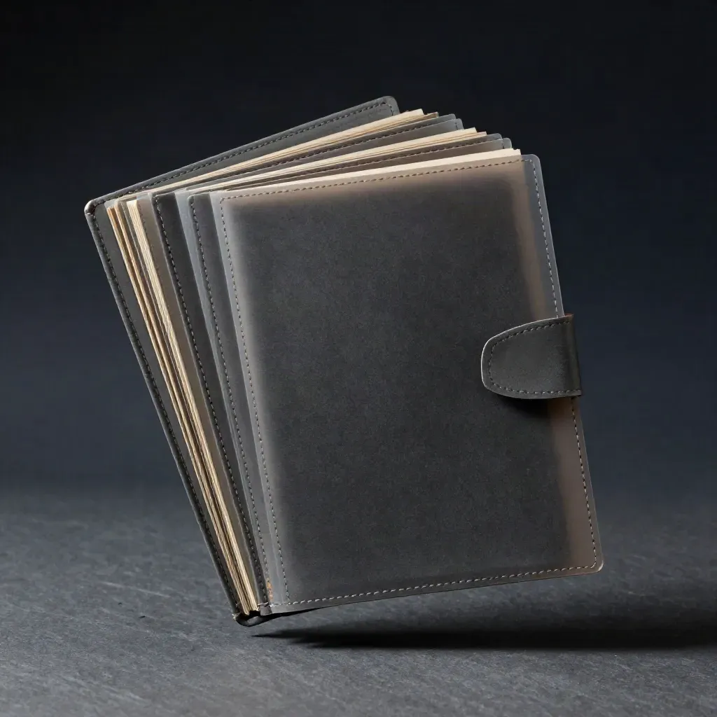 Charcoal audit folio with translucent overlays fanning above a slate surface.