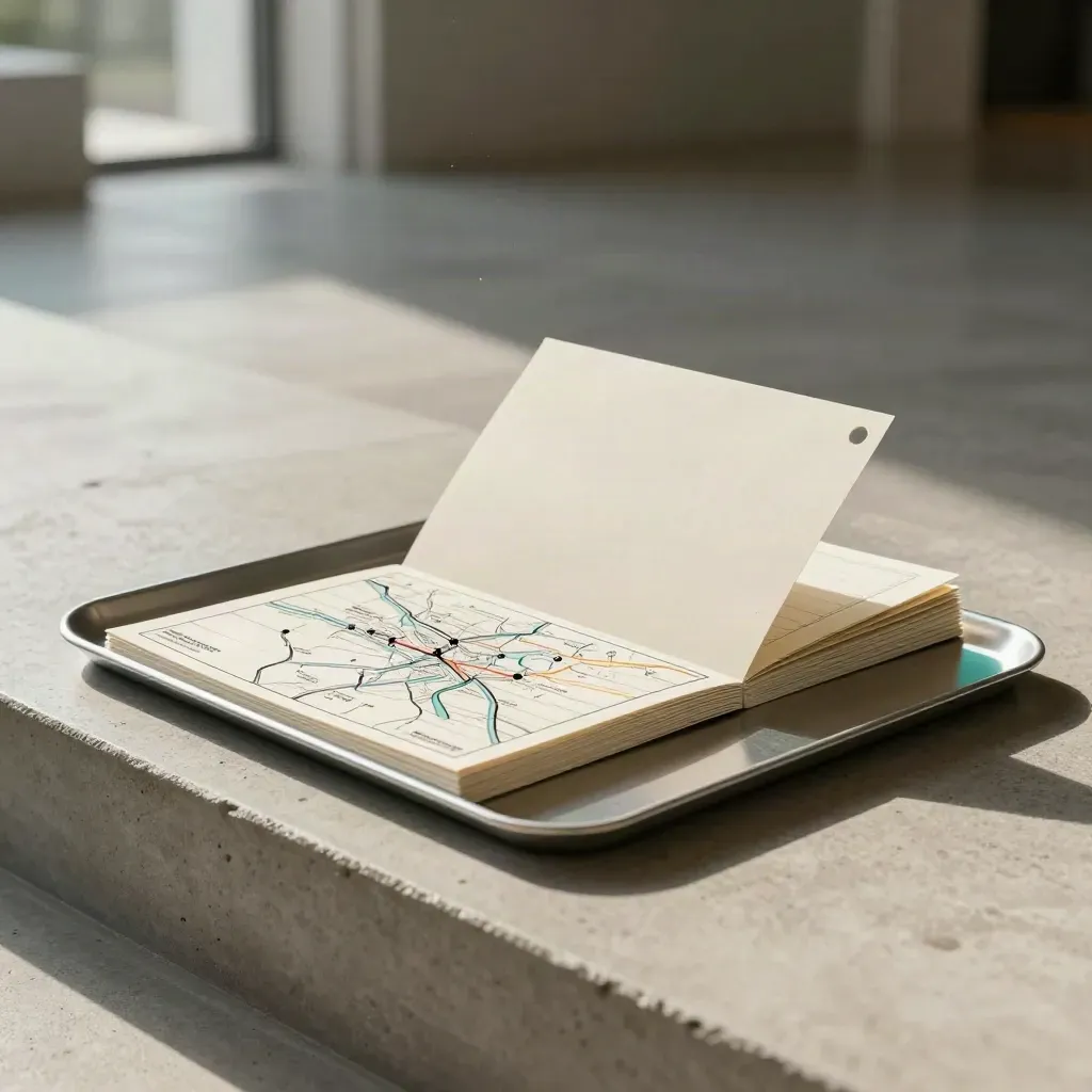 Go-to-market planning kit on a concrete step with softly blurred corridor depth and teal accent.