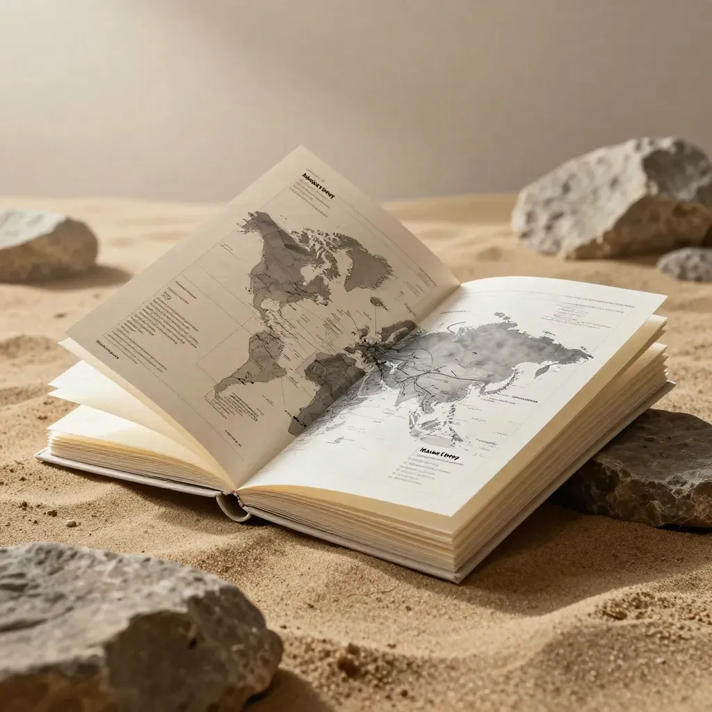 Layered market entry portfolio with acetate overlays on sand-coloured stone, backlit in dry haze.