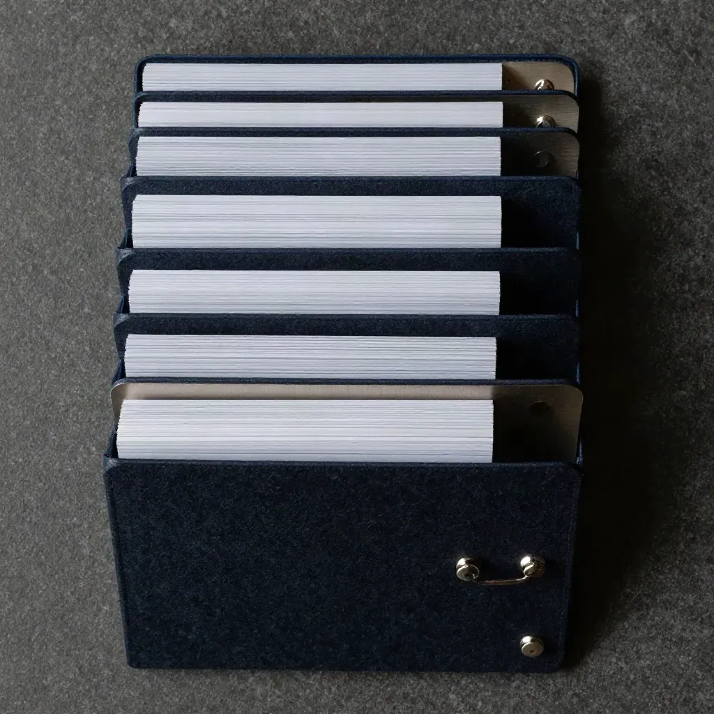 Overhead review folder, dividers and page weights on dark wool and stone.