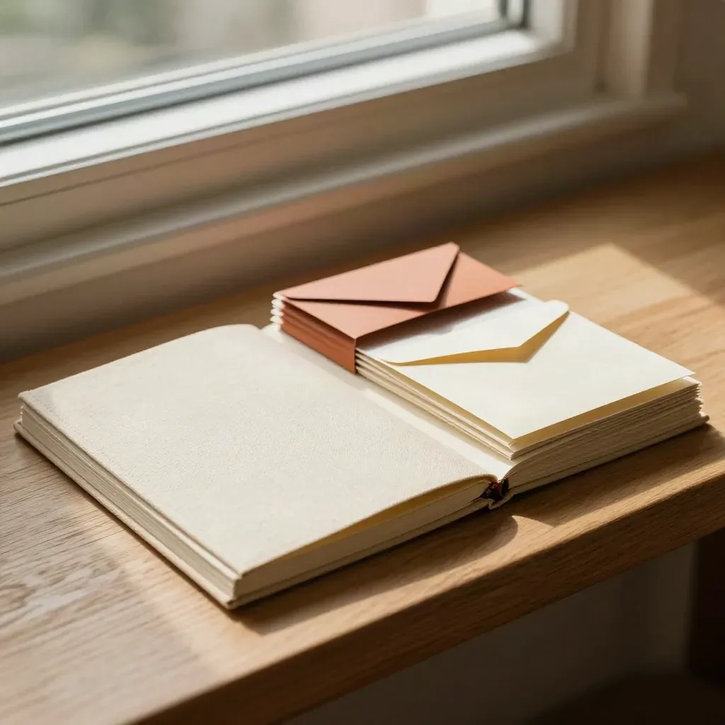 Premium cream folio set beside a pale oak bench in warm window light.