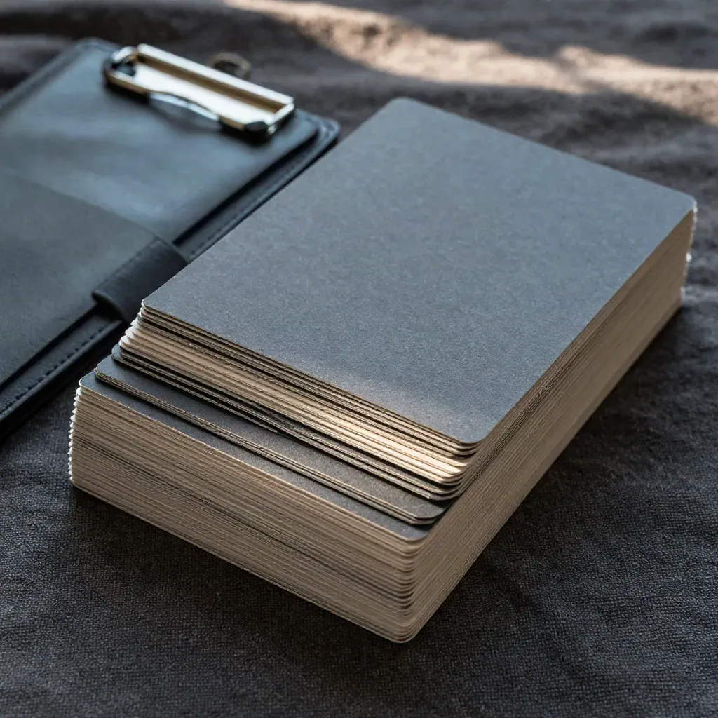 Overhead flatlay of stacked business script cards, blank sleeves, and a clipped note wallet on charcoal linen.